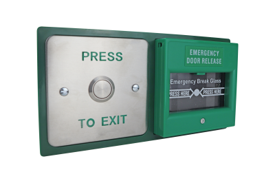 Double exit device&comma; green dome button and resettable emergency release